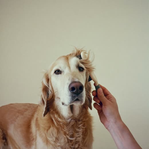 A long-coated dog being brushed out